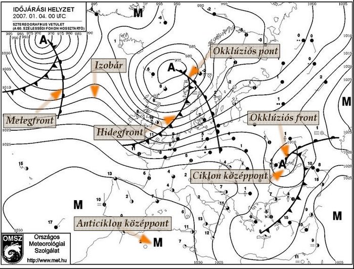 meteorológiai térkép Meteorológiai napijelentés térkép magyarázata túra  meteorológiai térkép